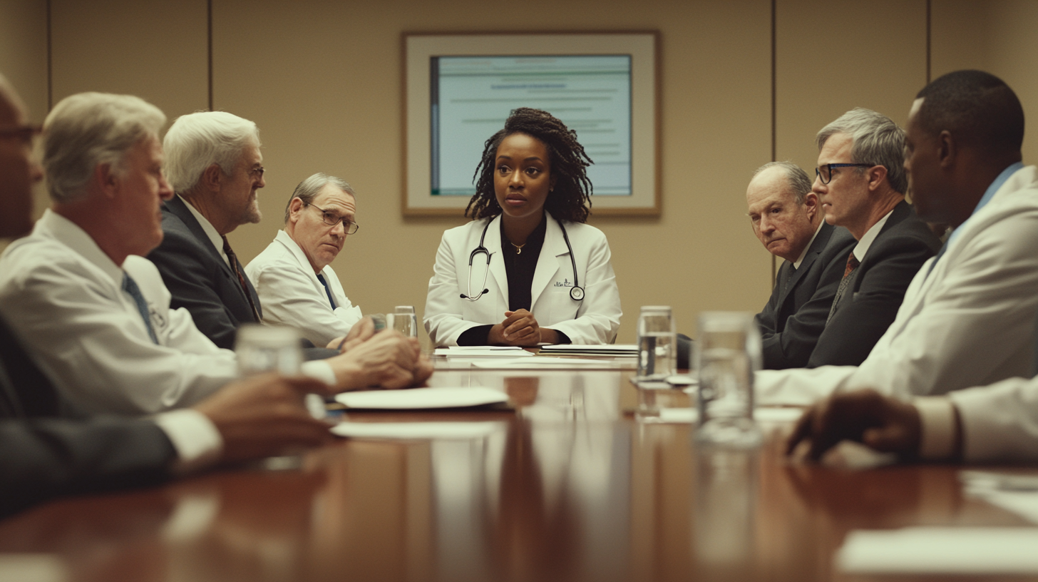 A Black woman physician seated at a boardroom table, facing a row of older men in suits — the women's-health story being told in the rooms where the decisions are made.